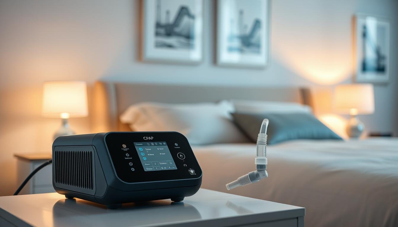 A modern CPAP sleep apnea machine prominently displayed on a sleek nightstand, with a soft, ambient bedside lamp casting a warm glow. In the foreground, the CPAP device is elegantly designed, showcasing its user-friendly interface and comfortable fitted mask. In the middle, a serene bedroom scene features a neatly made bed with inviting pillows, emphasizing a calming atmosphere conducive to restful sleep. In the background, gentle shadows hint at calming artwork on the walls, enhancing the peaceful environment. The lighting is soft and ambient, creating a tranquil mood. The image is captured at a slight angle, focusing on the CPAP machine to highlight its importance in providing professional sleep therapy solutions, evoking a sense of comfort and reassurance in sleep healthcare.