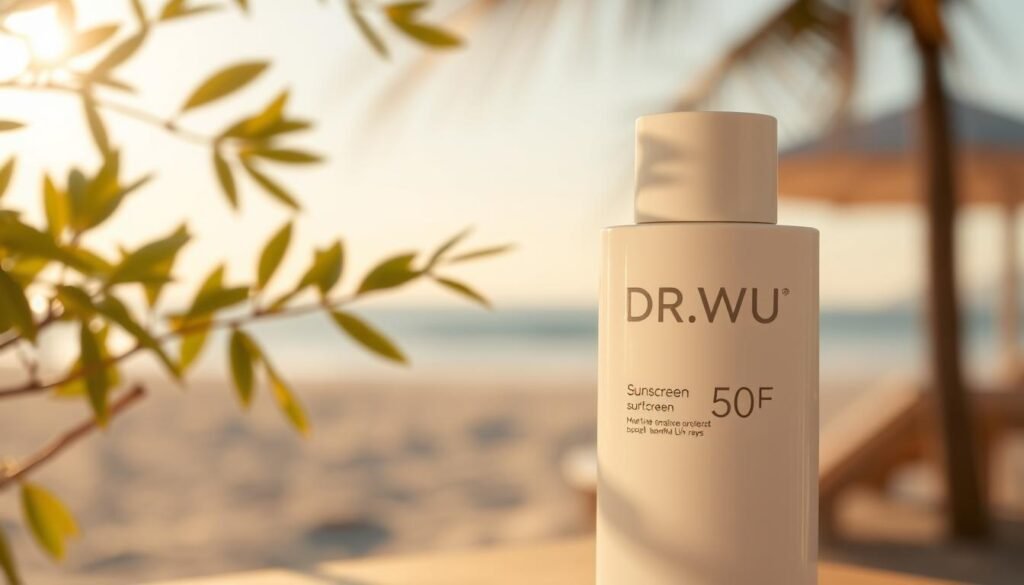 A modern, sleek bottle of DR.WU sunscreen, labeled SPF 50, prominently displayed in the foreground. The bottle has a minimalist design with soft pastel colors, reflecting a sense of innovation and sophistication. In the middle ground, a subtle representation of sunlight filtering through leaves to symbolize the protection against harmful UV rays. The background features a blurred beach scene, suggesting a safe and enjoyable outdoor environment. Soft, warm lighting illuminates the bottle, casting gentle shadows to enhance its textures. The overall mood is fresh and inviting, emphasizing the effectiveness of modern skincare technology without any distractions.