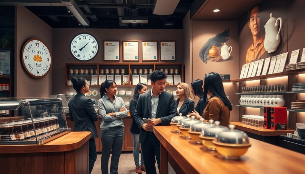 A professional tea shop interior, showcasing safety indicators prominently displayed on the walls. In the foreground, a warm wooden counter with a tea selection, emphasizing a cozy atmosphere. In the middle, a group of diverse customers of various ethnicities, dressed in smart casual clothing, engaged in discussions about tea choices and safety measures. The background features soft, ambient lighting that gives a cinematic feel, with shelves lined with tea products and safety certificates. The overall mood is inviting and intimate, suggesting trust and professionalism, designed to promote a sense of security for consumers making reservations. The composition should be balanced, capturing the essence of a safe tea shopping experience, with a 4:3 aspect ratio for a focused view.