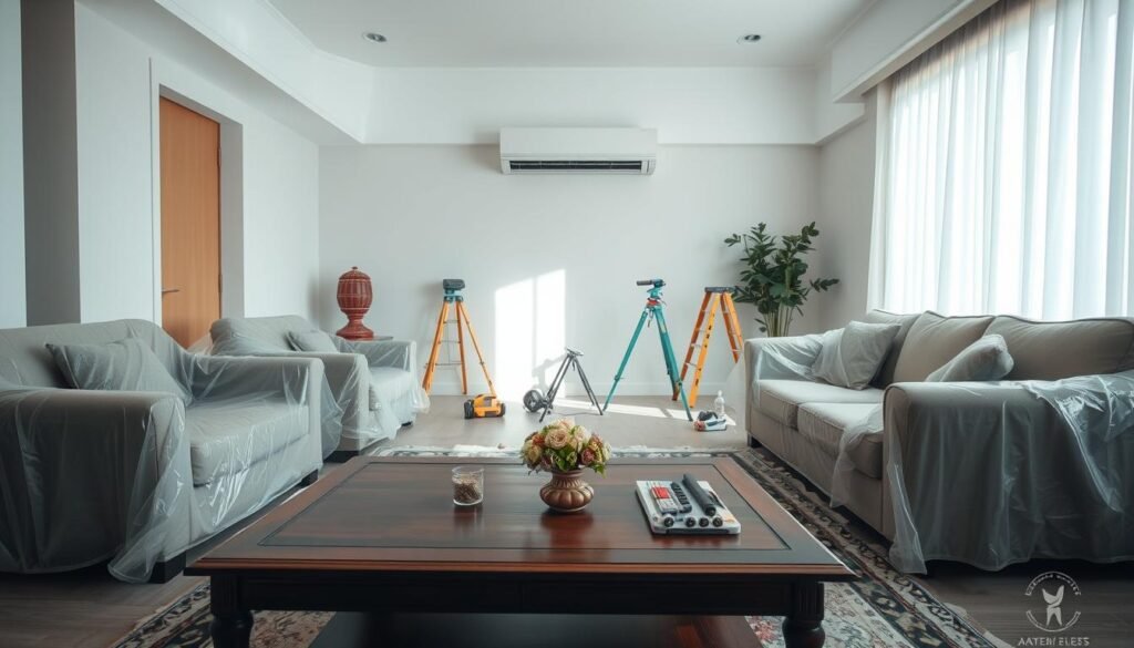 A professional and clean interior setting showcasing a room prepared for the installation of a split air conditioning unit. In the foreground, display various pieces of delicate furniture, like a wooden coffee table and an ornate vase, all carefully covered with protective plastic sheets to guard against dust and damage. In the middle, depict a clear pathway where tools and equipment for the installation are set up, highlighting organization and readiness. The background should feature an empty wall where the air conditioning unit will be installed, illuminated by soft natural light coming from a window to create a calm atmosphere. Capture the mood of anticipation and care in this beautifully arranged space.