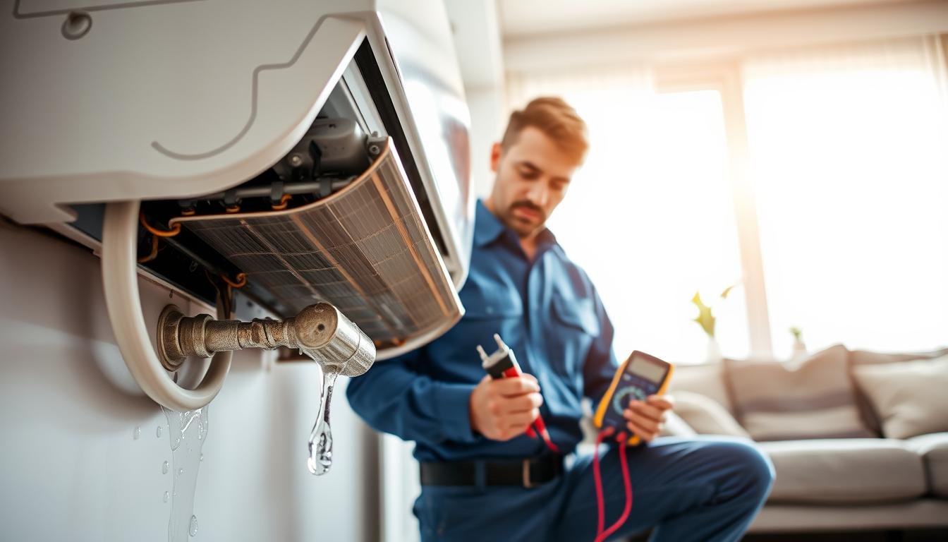 A technician in a professional uniform is inspecting an air conditioning unit in a modern, well-lit living room. The foreground features a close-up of the air conditioning unit, showing droplets of water around the base where it connects to the wall. In the middle ground, the technician is using a multimeter and tools, focused and attentive as he examines the leakage. In the background, soft sunlight filters through a window, illuminating the room with a warm, inviting glow. This creates a sense of urgency yet professionalism. The scene is framed with a slight angle that emphasizes both the technician's concentration and the malfunctioning air conditioner. Overall, the mood conveys expertise and calm resolution in the face of a common household issue.