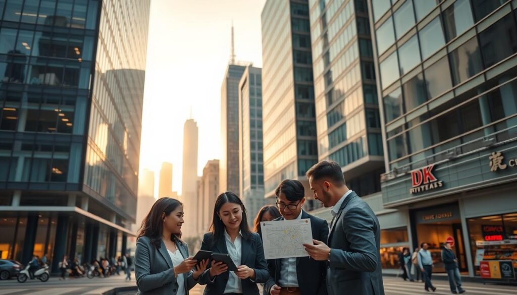 A modern office building in Kowloon, showcasing its sleek glass facade and contemporary architecture. In the foreground, a diverse group of professionals in business attire are engaged in a discussion, examining a digital tablet that displays map layouts of desirable office locations. The middle ground features a bustling city street with various amenities like cafes and grocery stores, illustrating convenience for daily commuting and living. In the background, iconic Kowloon landmarks fade into the skyline under a soft golden hour light, creating a warm and inviting atmosphere. The scene is captured from a low angle to emphasize the grandeur of the buildings, while soft, diffused lighting highlights the professionals and urban activity, evoking a sense of collaboration and opportunity.