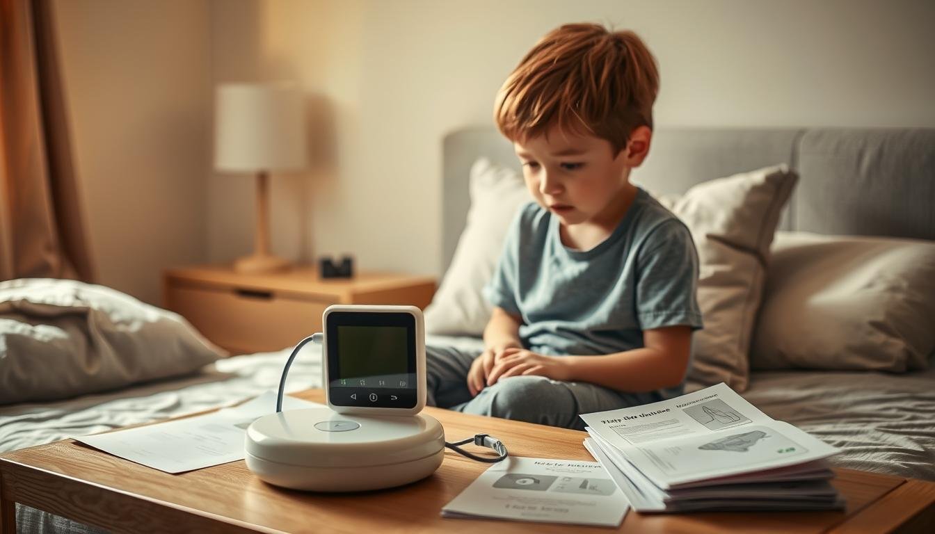 A detailed and informative scene illustrating common issues and questions regarding sleep breathing machines, specifically tailored for children with autism. In the foreground, a child sitting on a comfortable bed, thoughtfully examining a sleep breathing device with curious expression, wearing modest casual clothing. The middle ground features a well-organized bedside table with user manuals and diagrams about the device. In the background, a softly lit room with calming colors, enhancing a peaceful atmosphere. Warm, natural light filters through a window, casting gentle shadows and creating a serene environment. The overall mood should be supportive and educational, reflecting the importance of understanding sleep machines for families with children on the autism spectrum. No text or distractions.