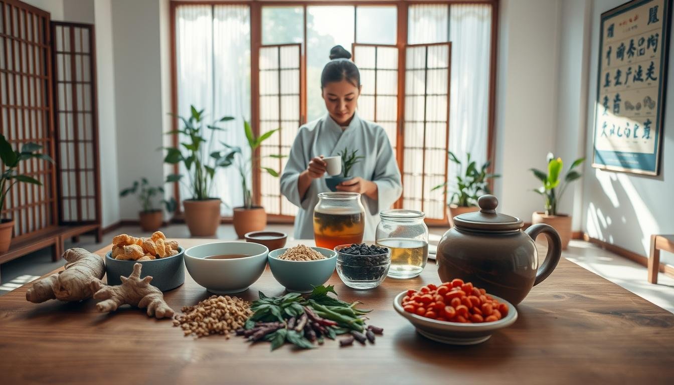 A serene and harmonious indoor setting showcasing traditional Chinese medicine practices for treating rosacea. In the foreground, a well-organized wooden table displays an array of herbal ingredients and natural remedies, including ginger, chrysanthemum tea, and goji berries, used for dietary therapy. In the middle, a professional practitioner, dressed in modest, professional attire, is preparing a herbal infusion, demonstrating care and expertise. The background features a calming space with soft natural light filtering through rice-paper screens, potted plants adding life, and traditional Chinese medicine charts on the walls, enhancing the authentic atmosphere. The overall mood is tranquil, focusing on holistic healing and wellness, creating a sense of comfort and hope for those seeking relief from skin conditions.