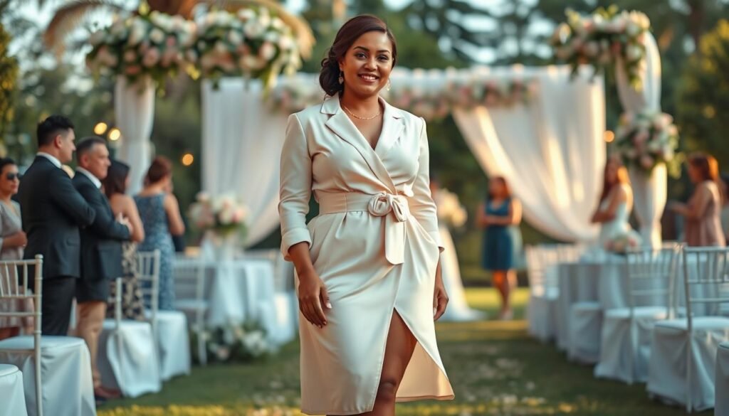 A stylish plus-size woman standing confidently at a wedding venue, dressed in a light pastel-colored outfit suitable for weddings. The foreground features her full-body view emphasizing elegant tailoring and flattering details, such as a cinched waist and flowing skirt. The middle ground captures a beautifully decorated outdoor wedding setting with floral arrangements and soft lighting, creating a romantic atmosphere. In the background, blurred guests can be seen enjoying the celebration, adding depth to the scene. The natural sunlight casts a warm glow on her attire, highlighting the textures and colors. The overall mood is joyous and elegant, reflecting a sense of celebration and personal style. No text, captions, or watermarks present.