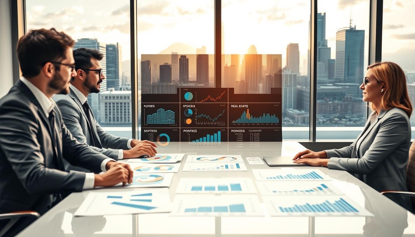 A visually striking scene depicting a diverse group of professional individuals engaging in a strategic meeting about asset allocation options under the new capital investor immigration plan. In the foreground, focus on three business professionals in smart attire, with charts and graphs spread before them on a sleek conference table. The middle ground features a large digital display showcasing various investment portfolios, including real estate, stocks, and bonds. In the background, large windows let in warm natural light, revealing a bustling city skyline that reflects financial growth and opportunity. The atmosphere is one of collaboration and optimism, conveying a sense of dynamism in investment choices. The composition is balanced, with a slight depth of field effect adding focus to the professionals at work while keeping the background recognizable.