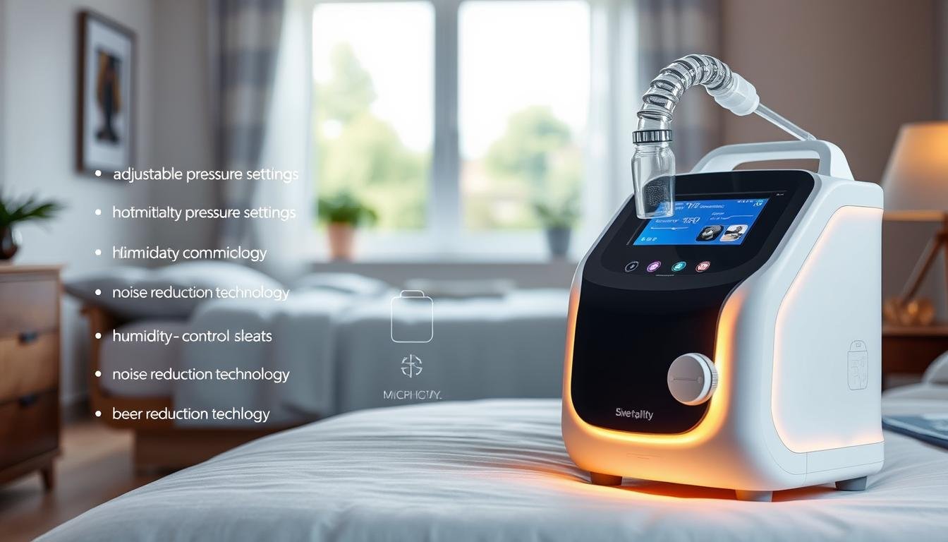 A well-equipped sleep apnea machine displayed prominently in the foreground, showcasing its sleek design and digital interface. The device is illuminated by soft, warm lighting to highlight its features such as adjustable pressure settings, humidity control, and noise reduction technology. In the middle ground, a serene bedroom setting can be seen with a neatly made bed and calming decor, evoking a sense of tranquility. In the background, a window with gentle natural light filtering in, creating an inviting atmosphere. The overall mood conveys comfort and professionalism, ideal for individuals researching high-quality sleep machines. The image is composed with a slight downward angle to emphasize the machine’s functionality without any human figures or text present.